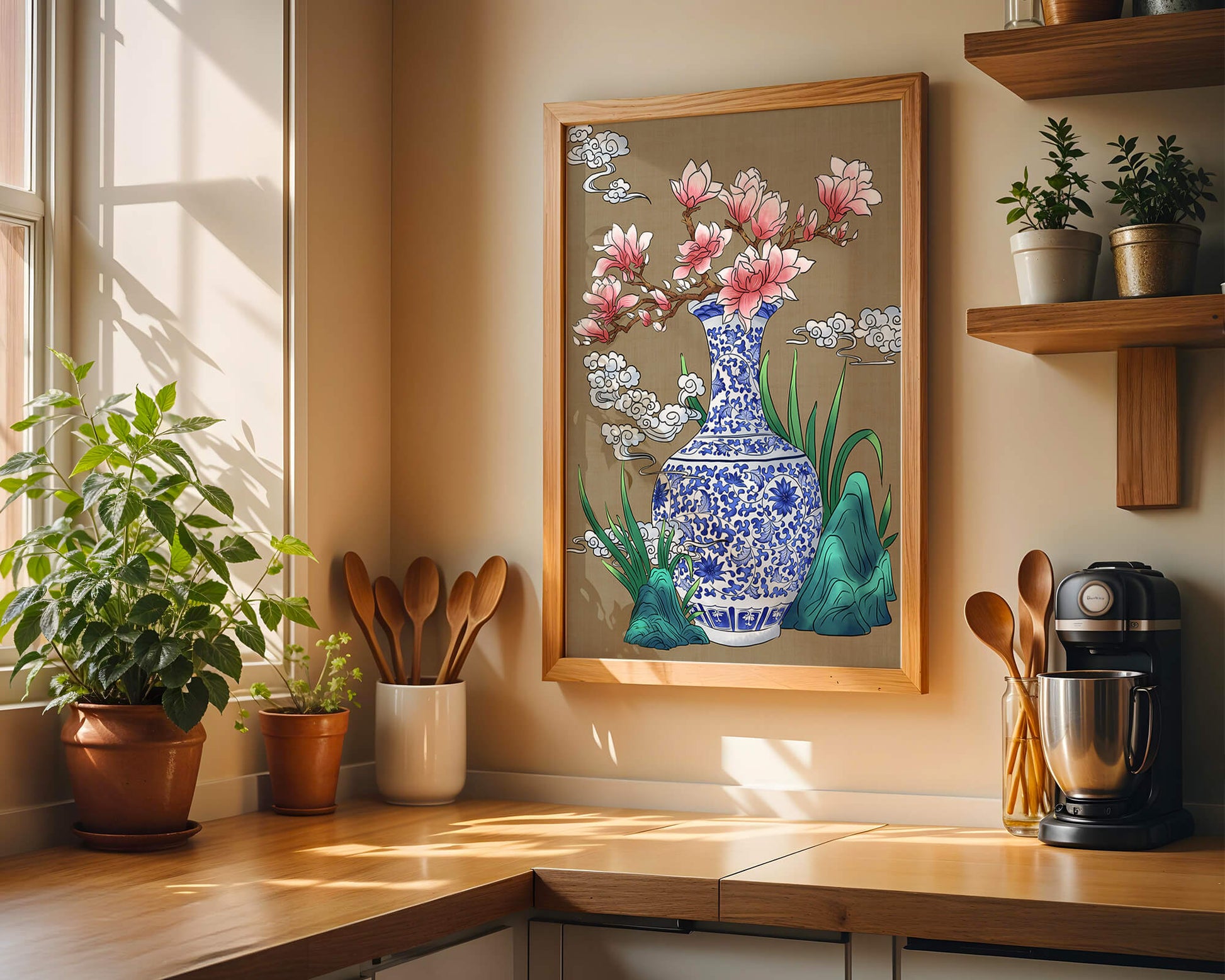 Elegante arreglo floral en jarrón de porcelana azul y blanca con magnolias.
