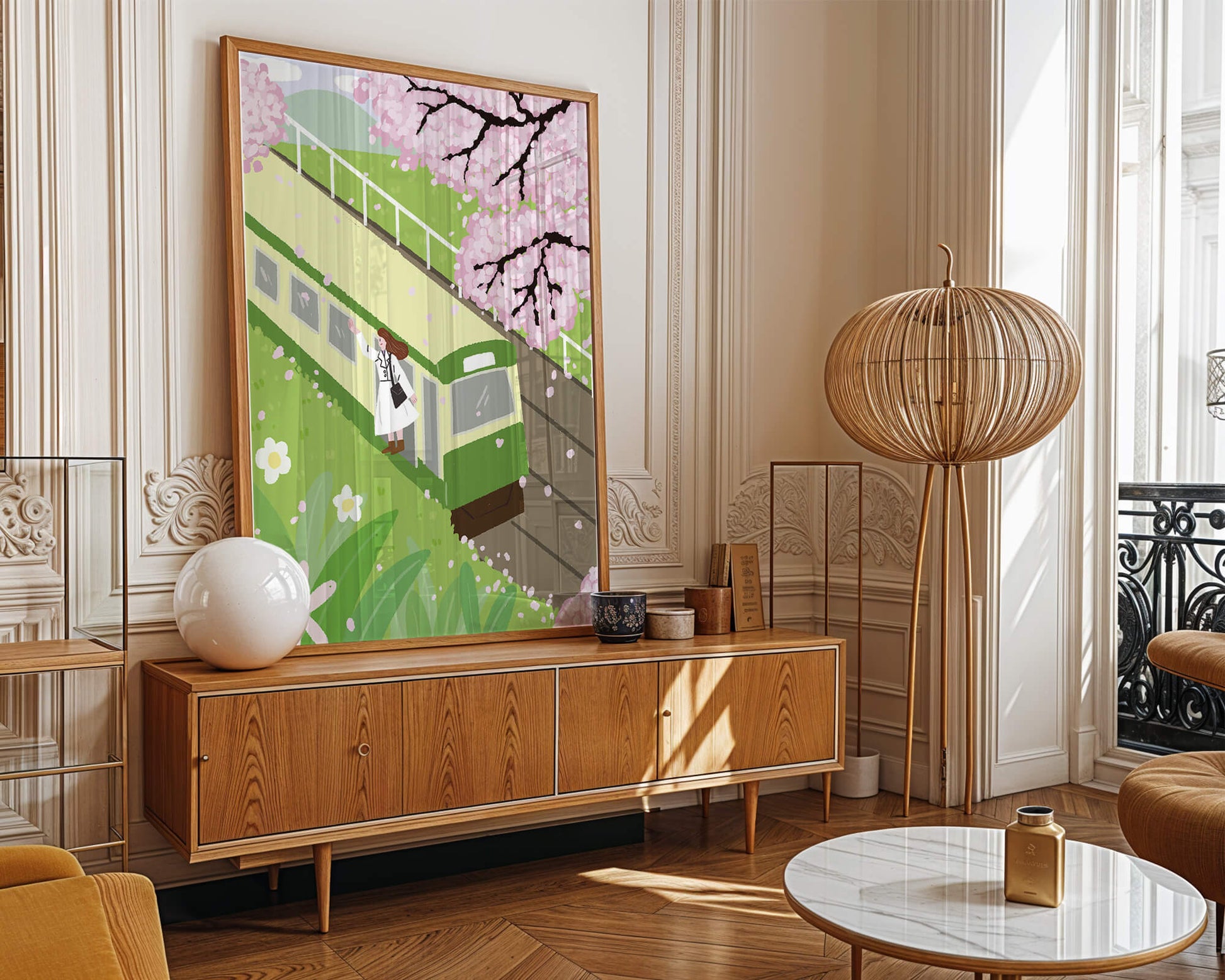 Cherry Blossoms and Train Scene in Spring Landscape