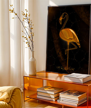 Elegant golden flamingo on abstract dark background