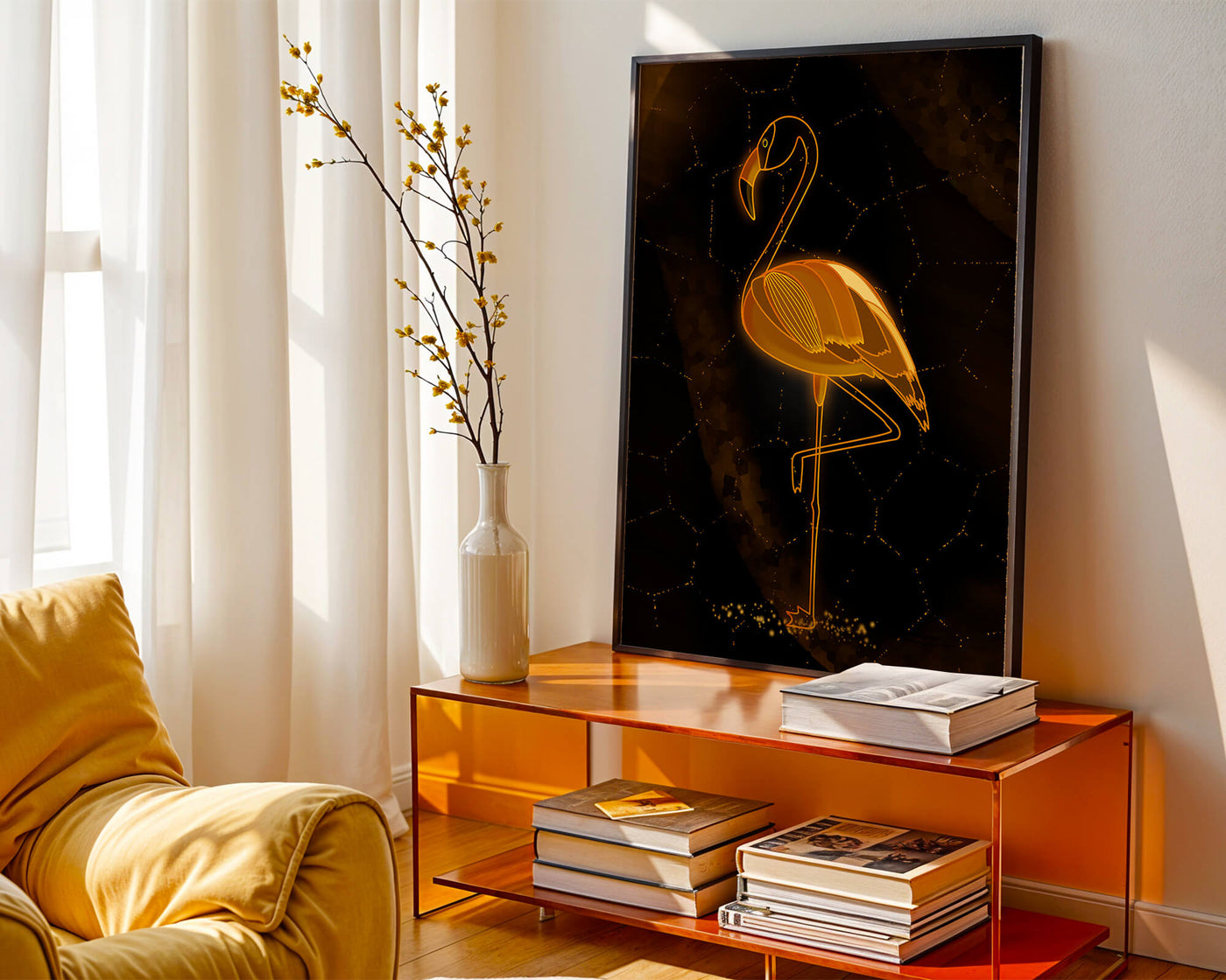 Elegant golden flamingo on abstract dark background