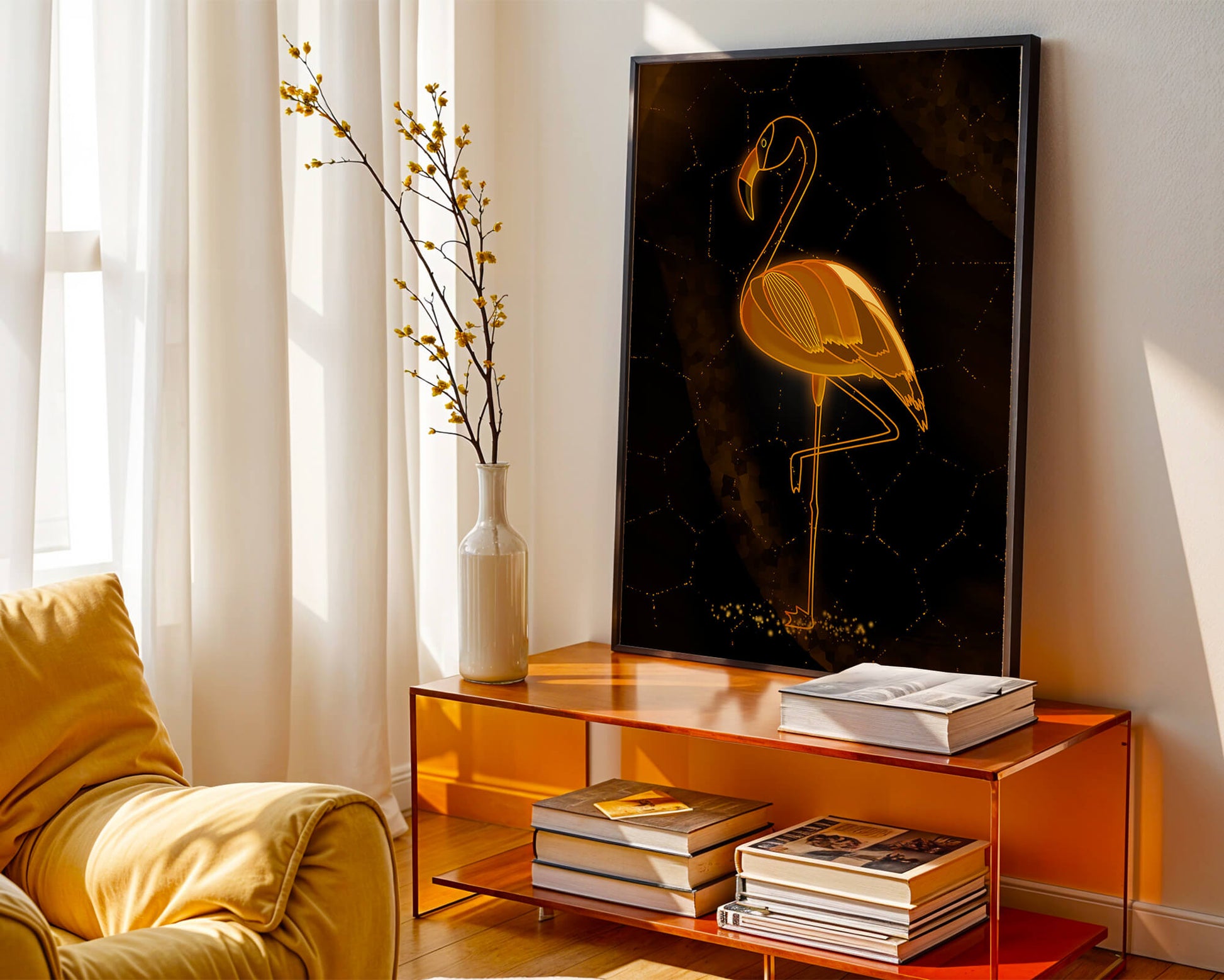 Elegant golden flamingo on abstract dark background