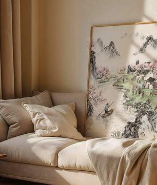 Idyllic Village Scene with Cherry Blossoms and a River