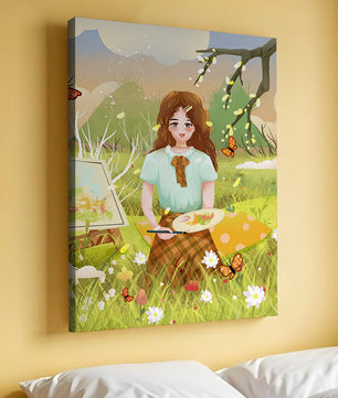 Ilustración de una chica pintando al aire libre rodeada de mariposas y flores