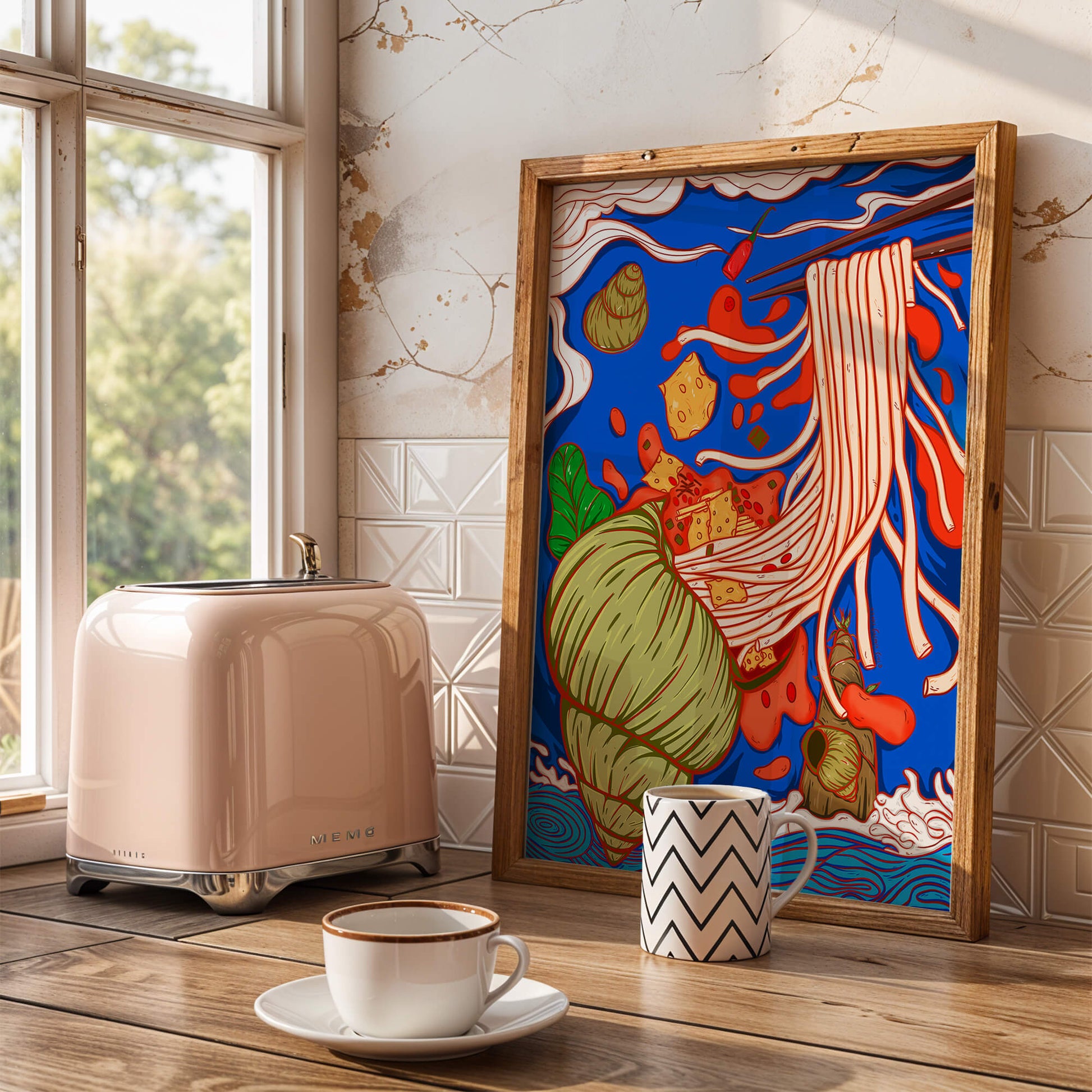 Ilustración intrincada de fideos con colores vibrantes y elementos detallados