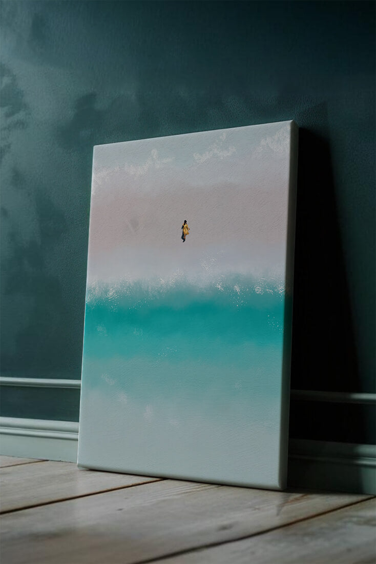 Serene beach with turquoise waves and solitary figure