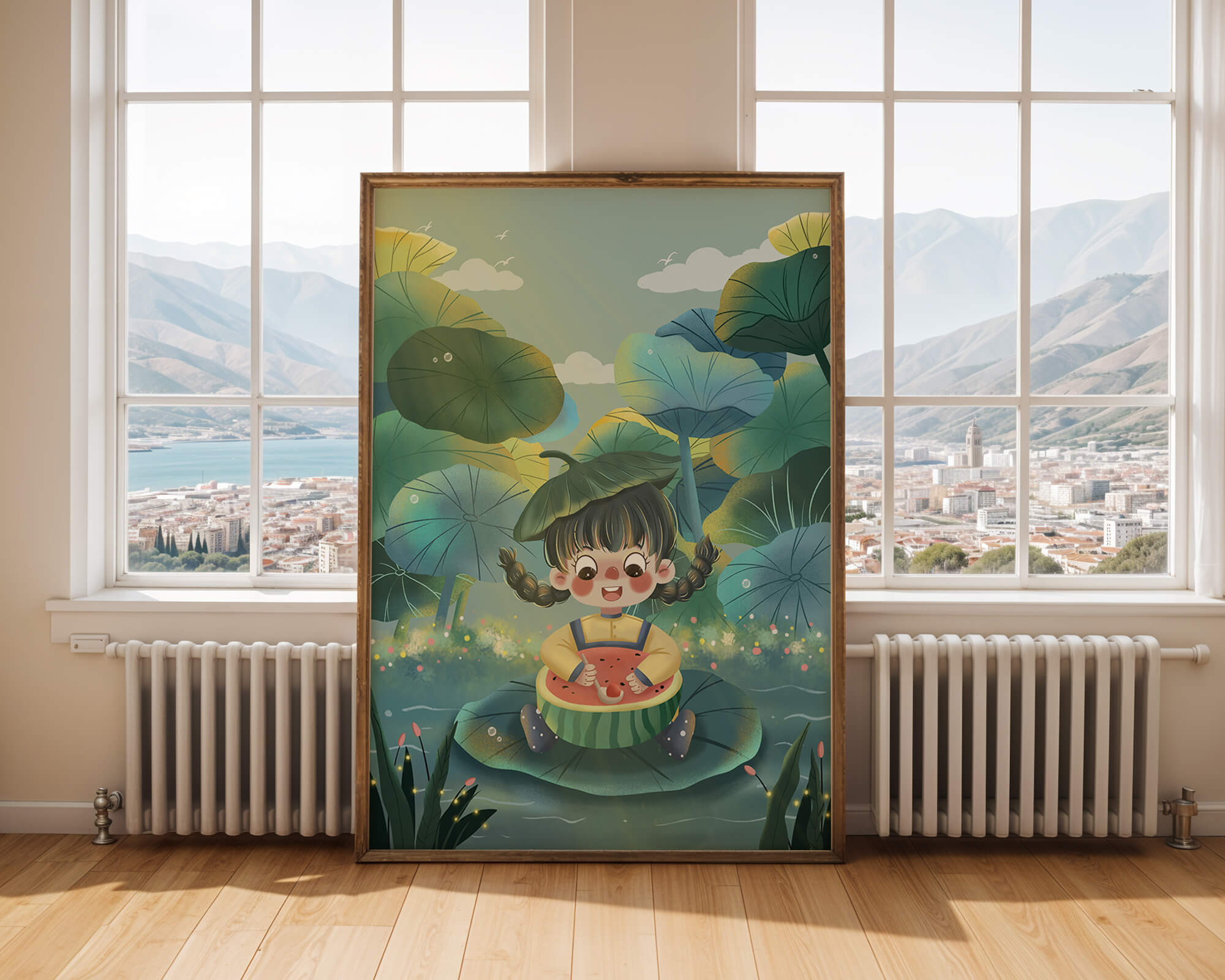 Charming illustration of a child enjoying watermelon amidst whimsical nature