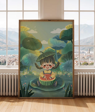 Charming illustration of a child enjoying watermelon amidst whimsical nature
