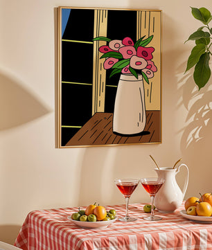 Abstract illustration of flowers in a vase on a wooden table
