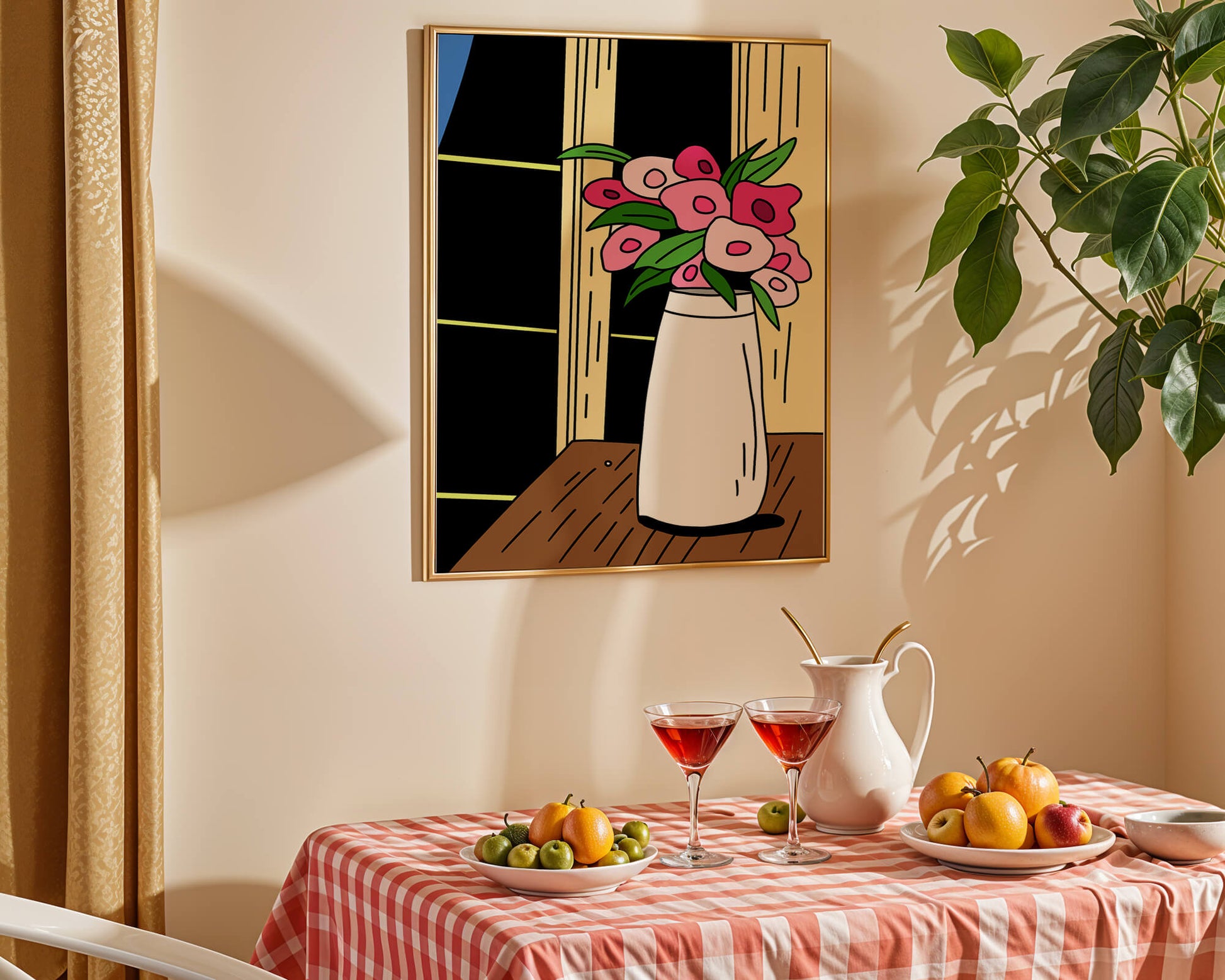 Abstract illustration of flowers in a vase on a wooden table