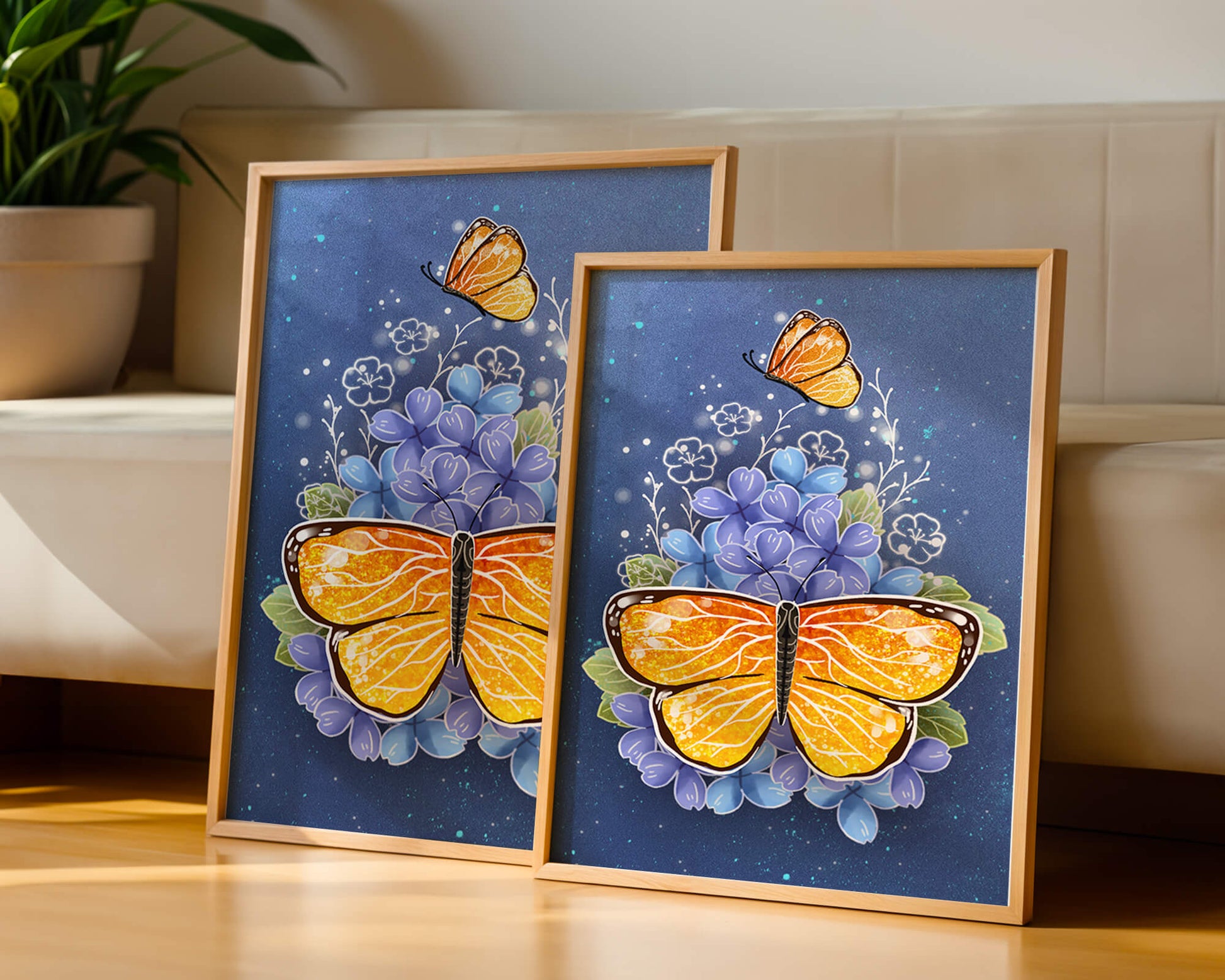 Colorida ilustración de mariposa y flores azules