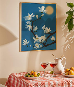 White magnolia branch under moonlight with blue background