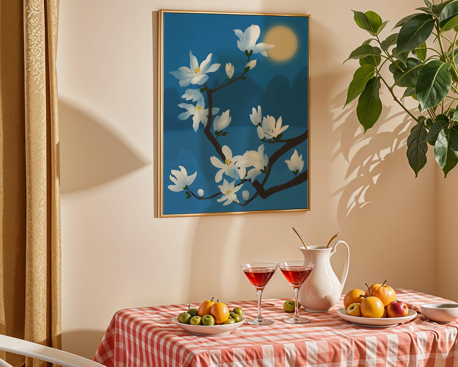 White magnolia branch under moonlight with blue background