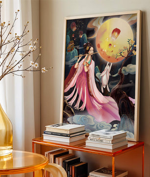 Traditional Asian Art with Flute Player and Moon Rabbit