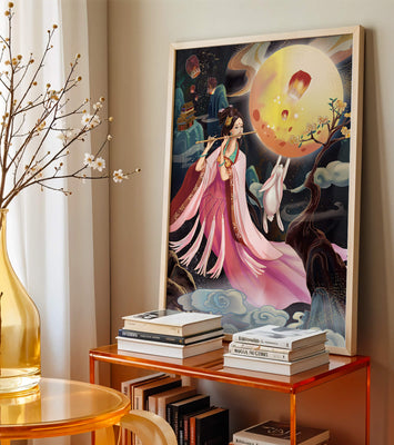 Traditional Asian Art with Flute Player and Moon Rabbit