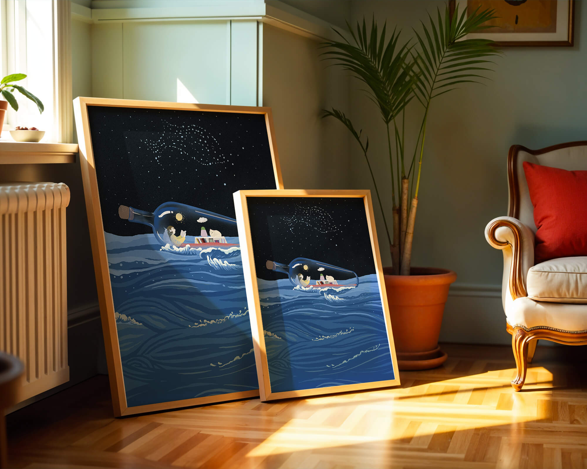 Surreal illustration of a bottle on the ocean with a starry night sky