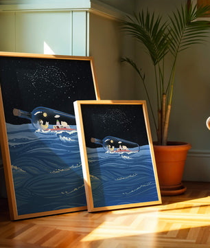 Surreal illustration of a bottle on the ocean with a starry night sky