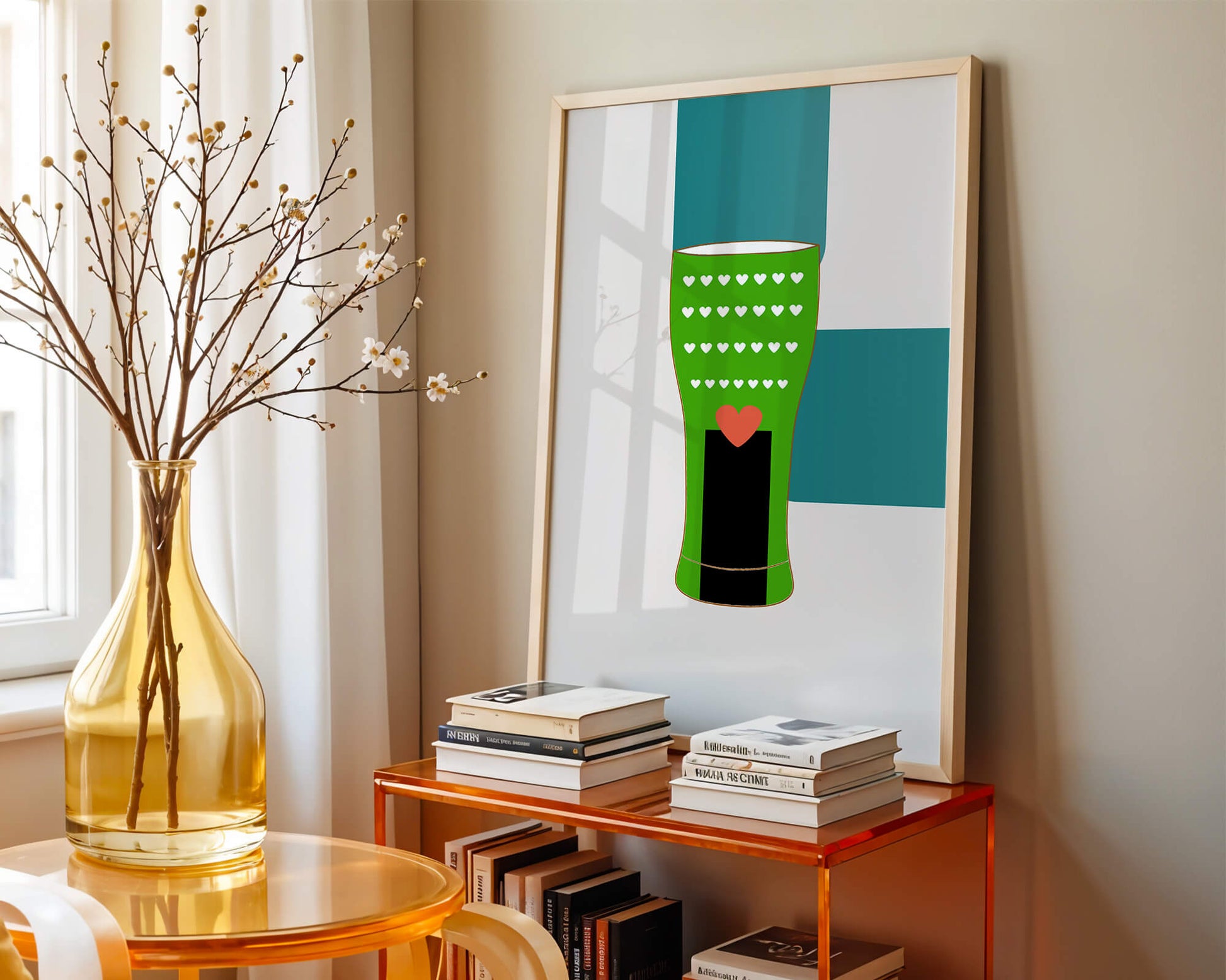 Green vase with heart pattern and minimalistic design