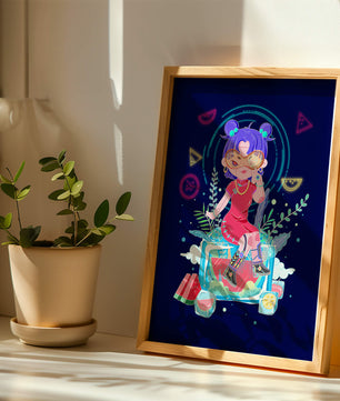 Personnage de dessin animé coloré avec des éléments futuristes