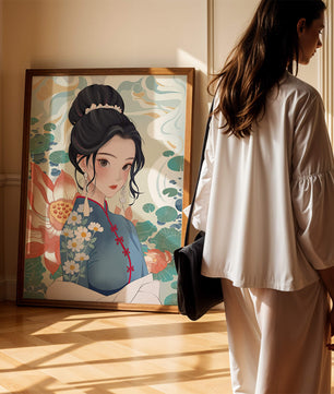 Una mujer elegante con vestido tradicional oriental con patrones florales y flores de loto