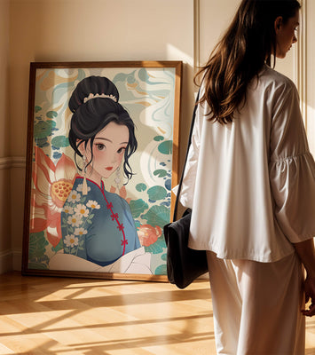 An Elegant Woman in Traditional Oriental Dress with Floral Patterns and Lotus Flowers