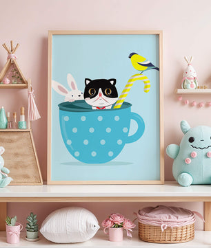 Playful illustration of cat, rabbit, and bird in a teacup