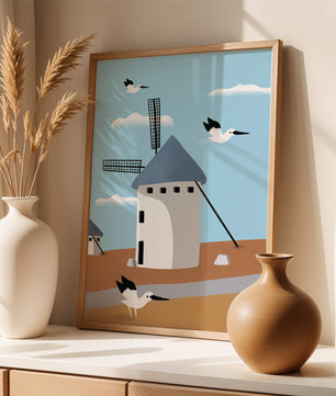Windmill Landscape with Birds in a Minimalist Style