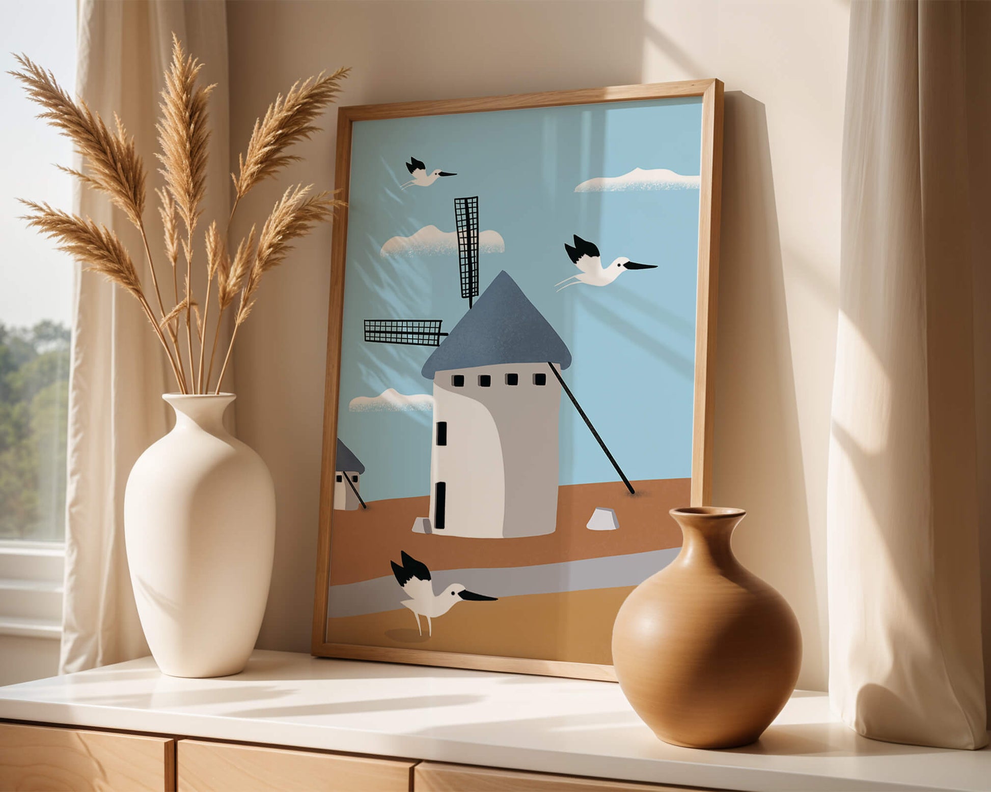 Paisaje de molino de viento con pájaros en estilo minimalista