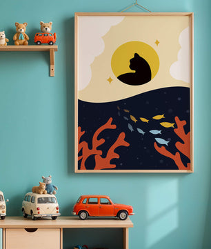Ruhiges abstraktes Design mit Katzensilhouette und lebendiger Unterwasserszene
