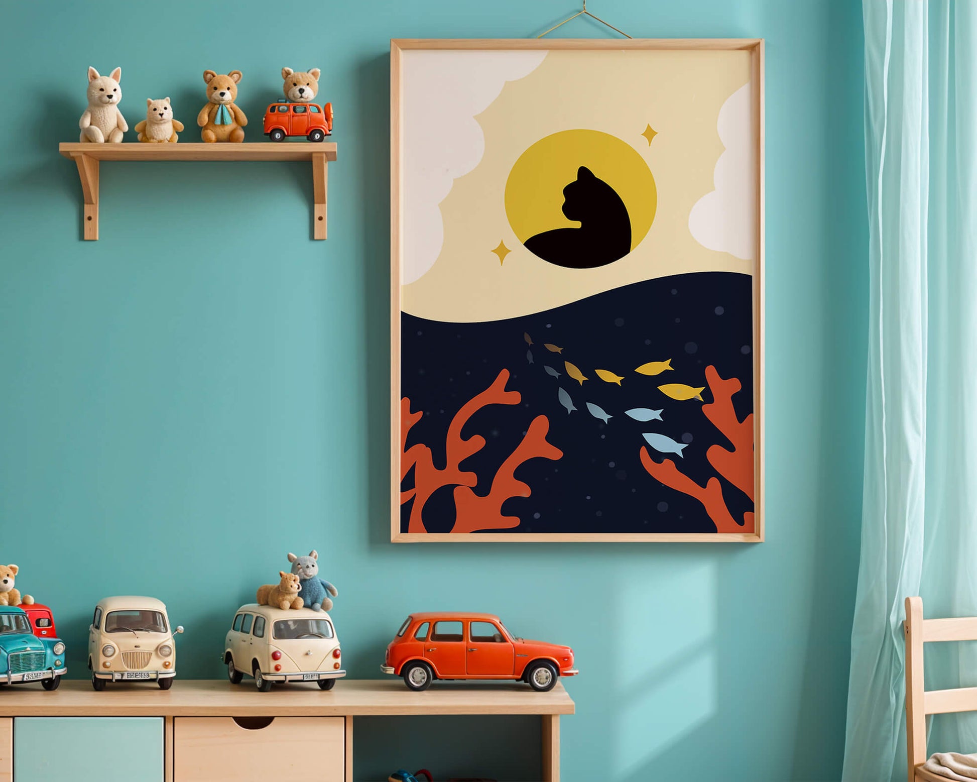 Ruhiges abstraktes Design mit Katzensilhouette und lebendiger Unterwasserszene