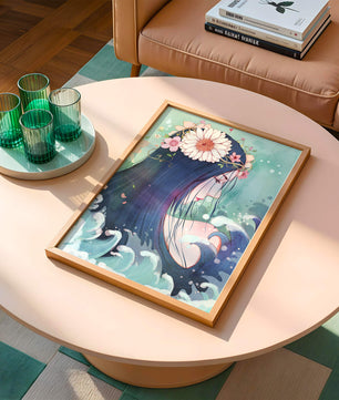 Illustration of a serene woman with floral crown and ocean waves