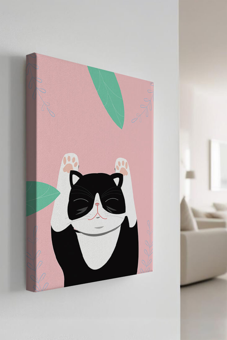 Illustrated cat on pink background with leaves