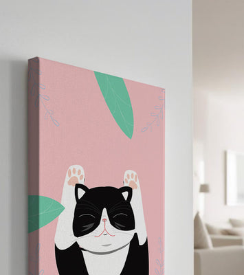 Illustrated cat on pink background with leaves