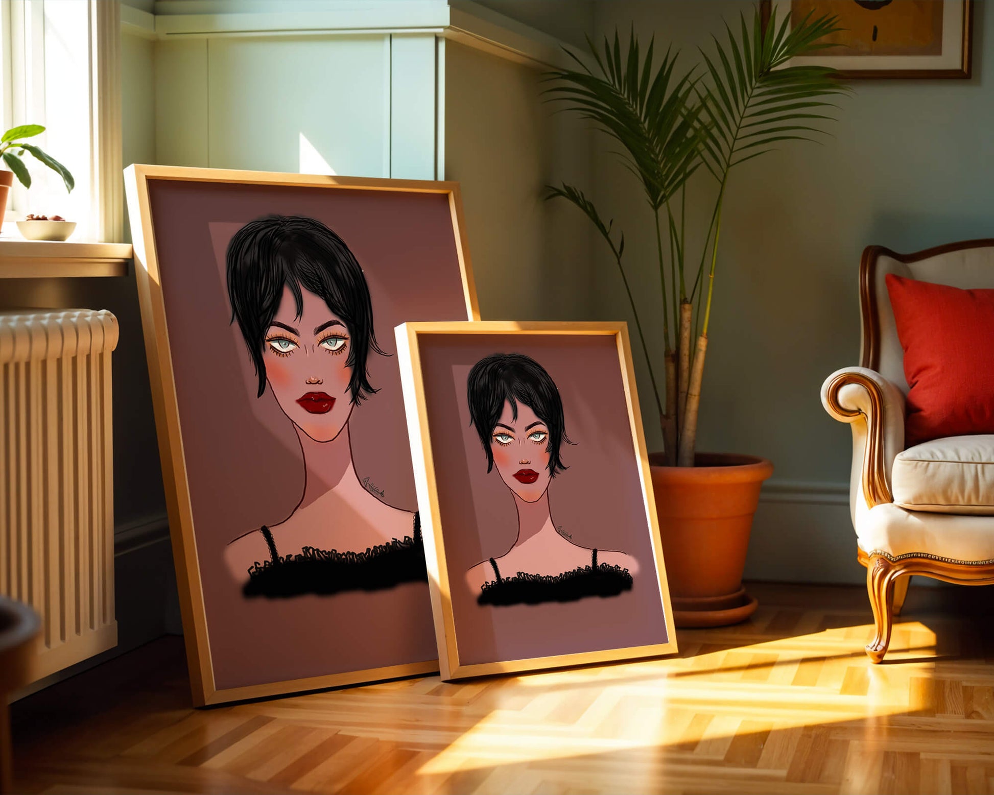 Illustration of a woman with short black hair and striking makeup on a brown background