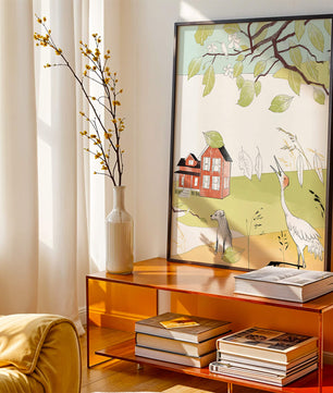 Tranquil rural landscape illustration with house, dog, and crane