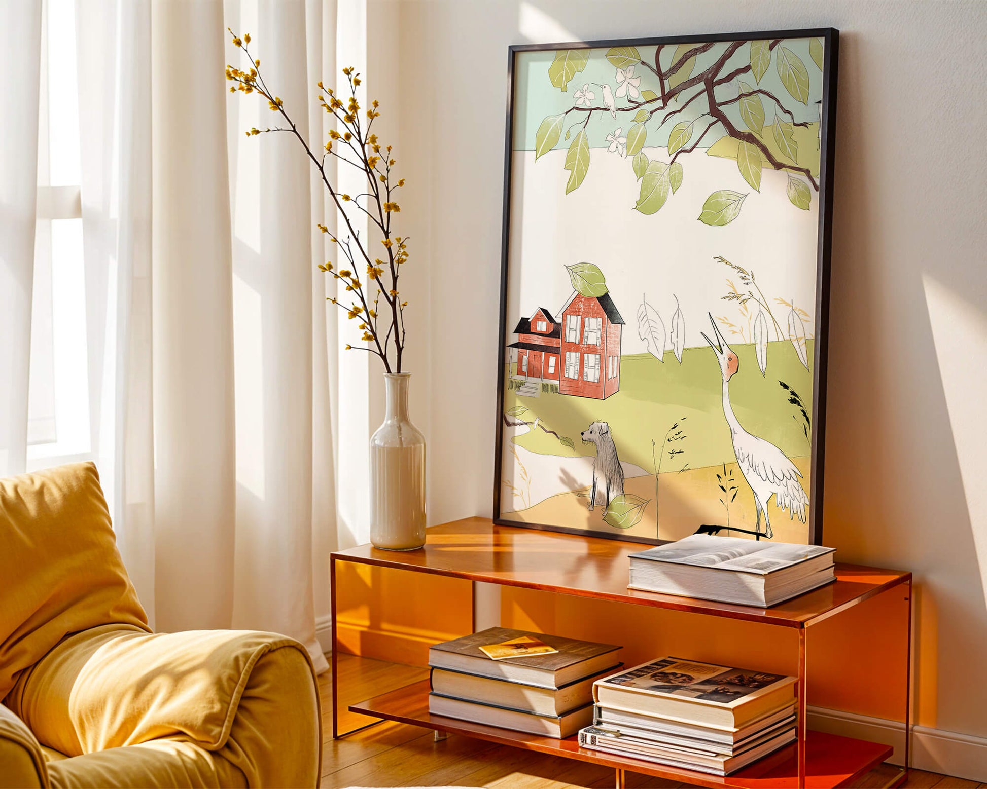 Tranquil rural landscape illustration with house, dog, and crane