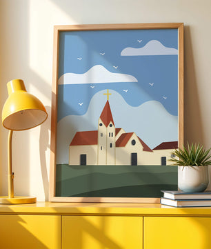 Idyllic Church Landscape with Golden Cross and Blue Sky