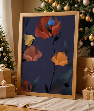 Abstract Floral Illustration with Colorful Flowers on Dark Background