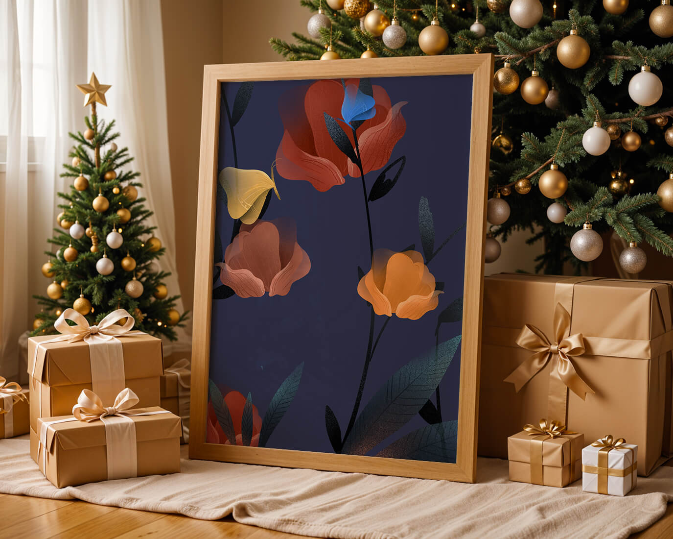 Abstract Floral Illustration with Colorful Flowers on Dark Background