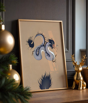 Illustration of a mystical dragon with fluid form on a beige background