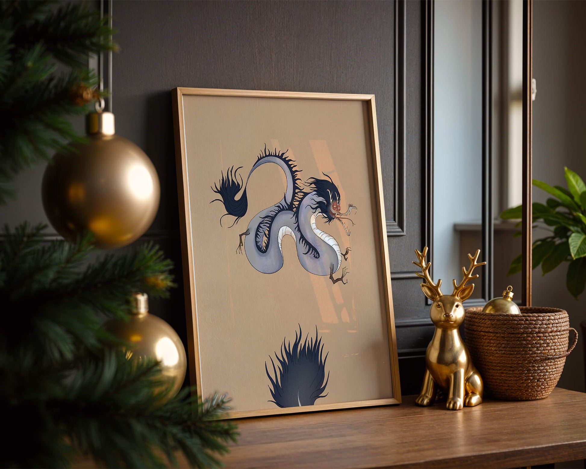 Illustration of a mystical dragon with fluid form on a beige background