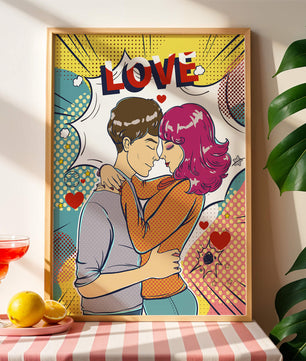 Ilustración de pop art romántico con pareja abrazándose y texto de amor