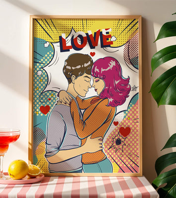 Romantic Pop Art Illustration with Embracing Couple and Love Text