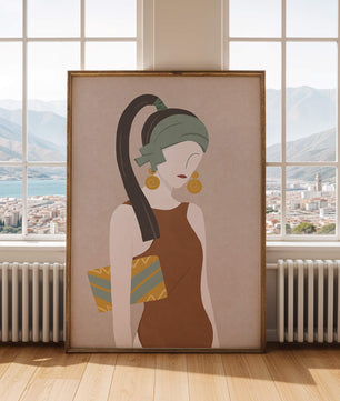 Retrato de mujer estilizado con colores apagados y elementos geométricos