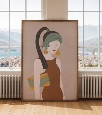 Stylized woman portrait with muted colors and geometric elements