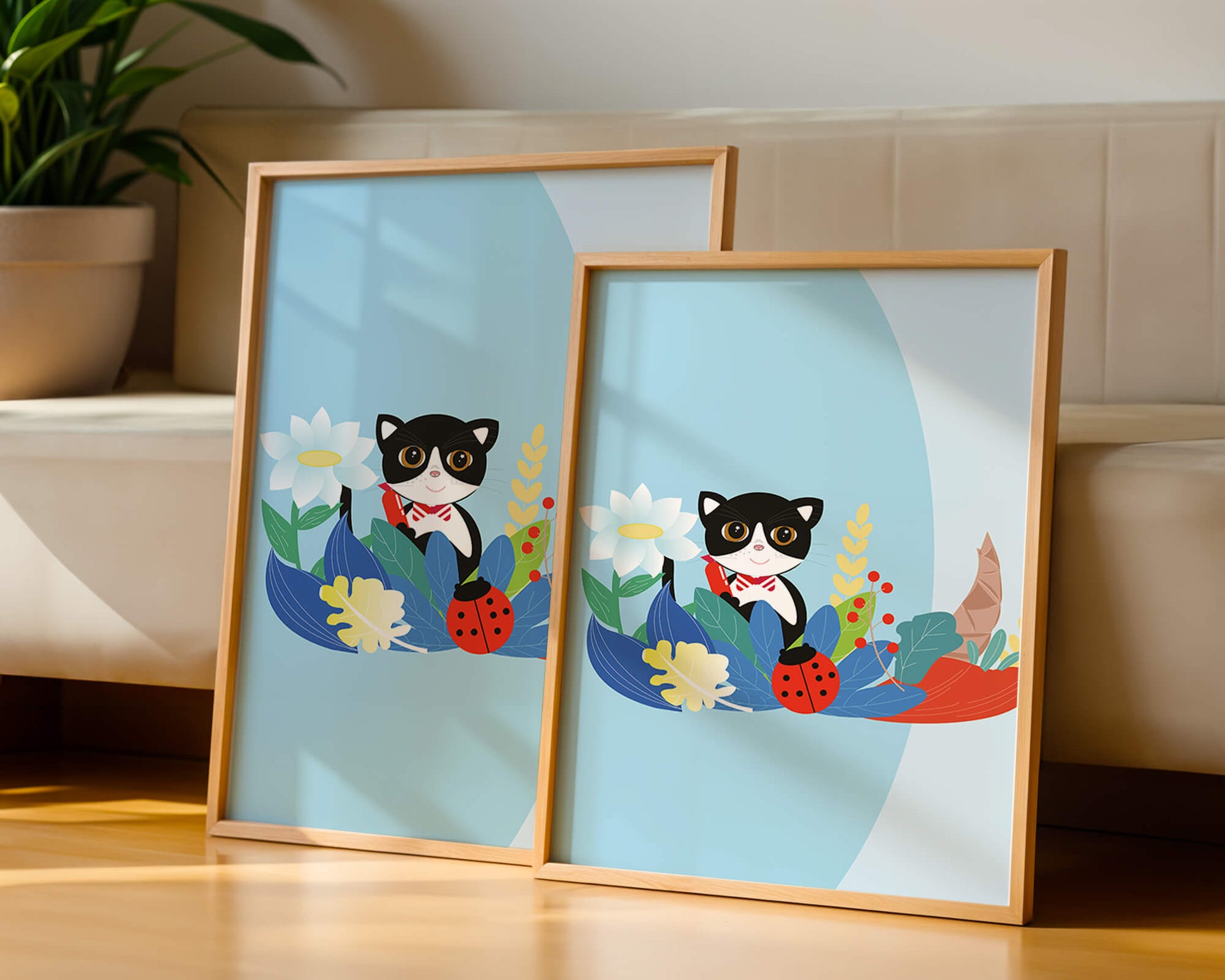 Ilustración de un gato con mariquita y flores sobre fondo azul claro