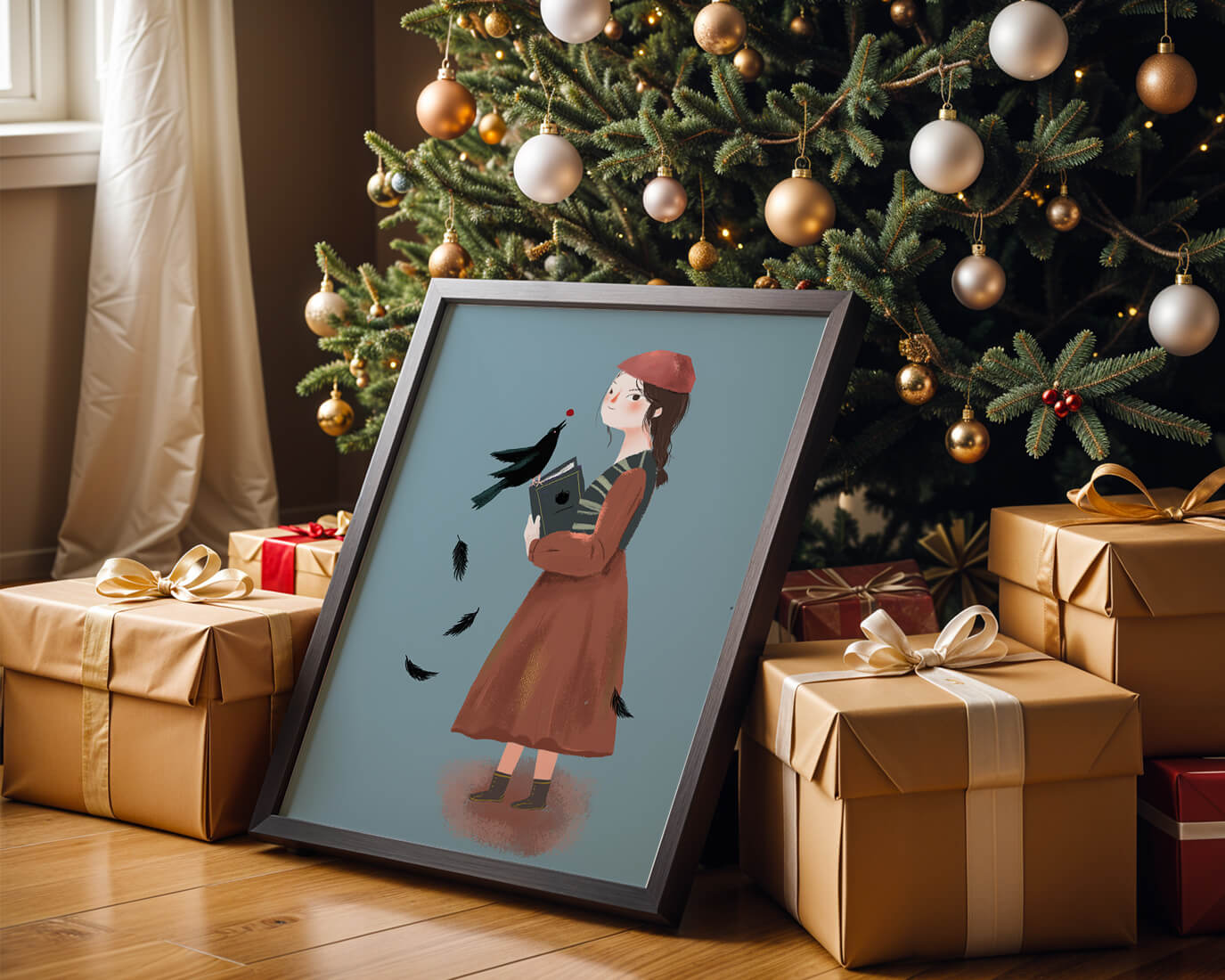 girl in vintage attire with bird and book on blue background