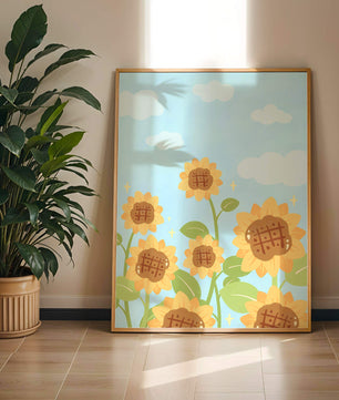Sunflowers Under Blue Sky with Floating Clouds