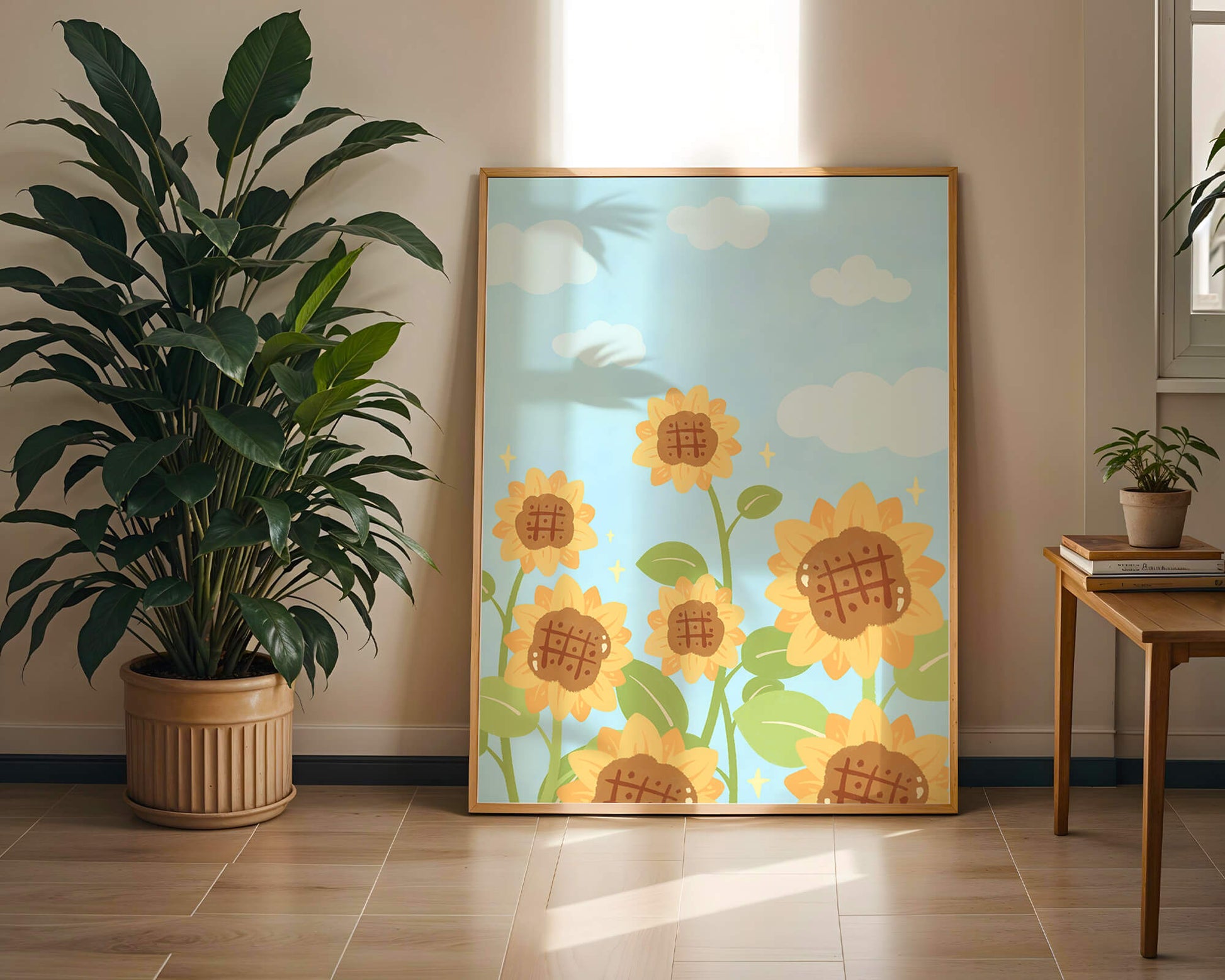 Sunflowers Under Blue Sky with Floating Clouds