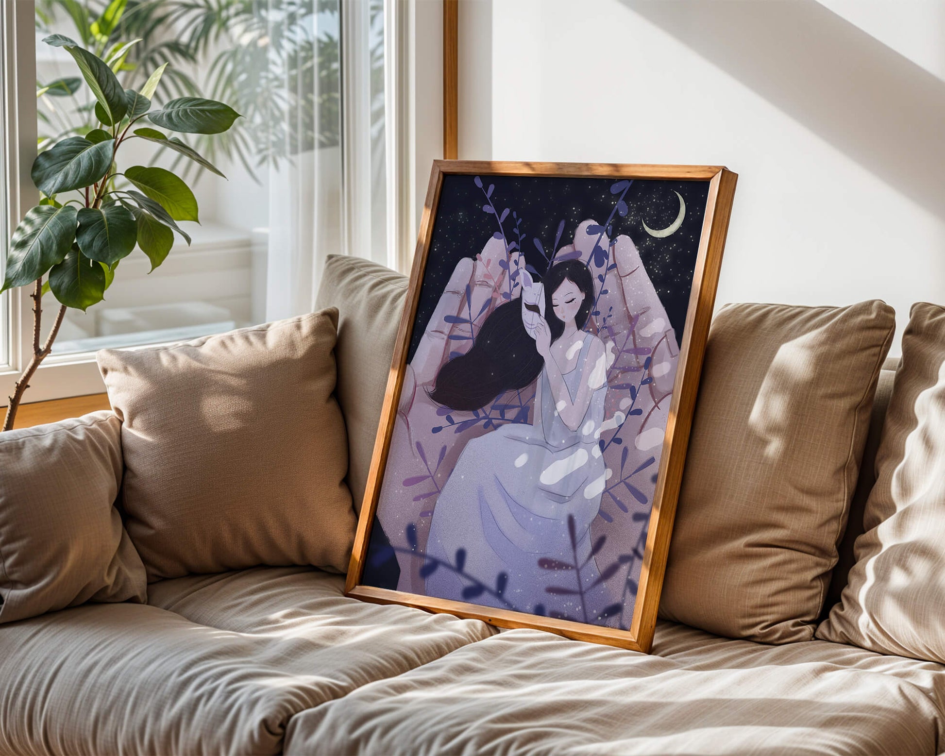 Un momento tierno bajo la luz de la luna con máscara y atmósfera onírica