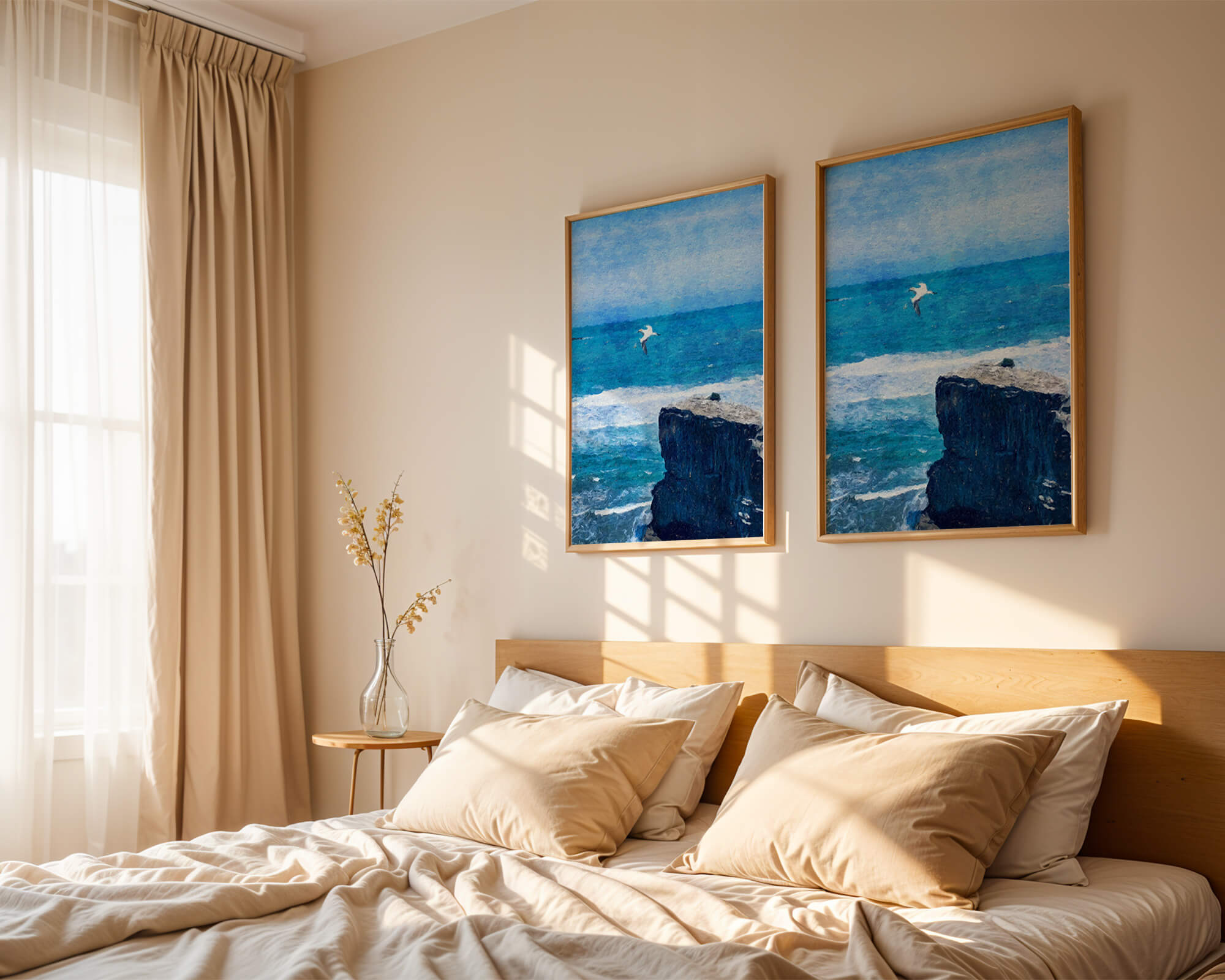 Seascape with soaring seagull over rocky cliff and ocean waves